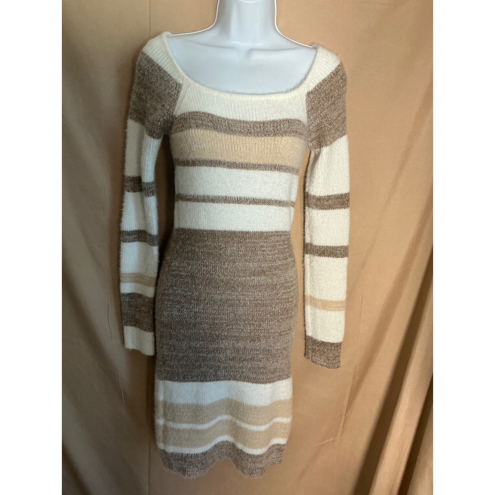 SHEIN Sweater Dress Womens Medium Brown Cream Striped Excellent Fuzzy Bodycon